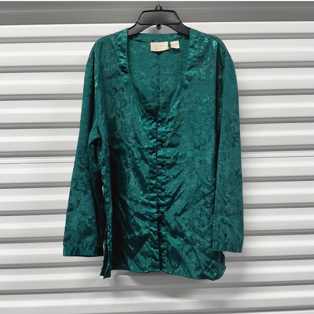 Vintage Victoria’s Secret Satin Jacquard Pajama Top Women's Small Green 90's Y2K